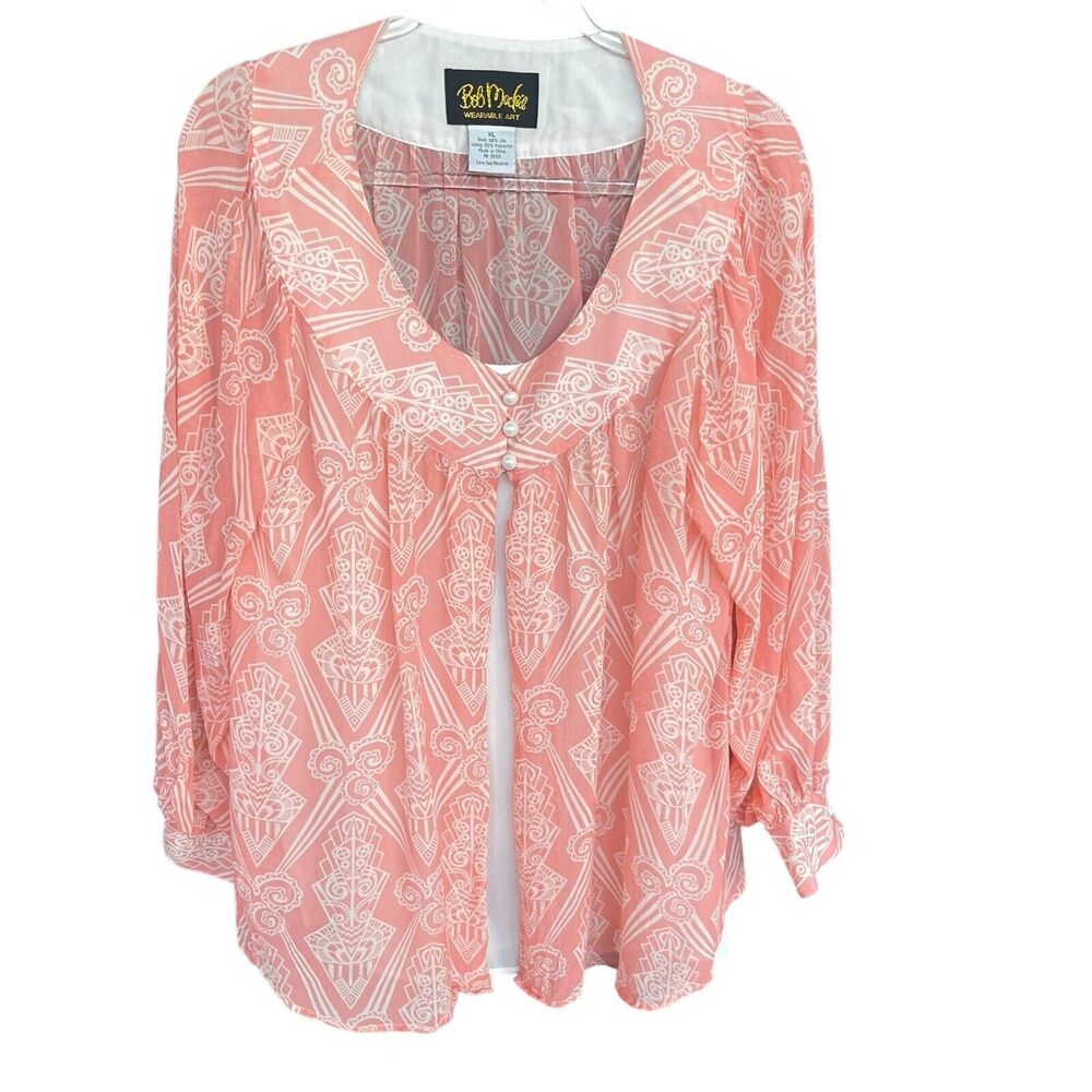 Bob Mackie Silk Blouse Womens Extra Large XL Coral Floral Wearable Art‎ Washable